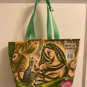 Upcycled Cat Food Tote Bag with Green Straps reusable shopping bag